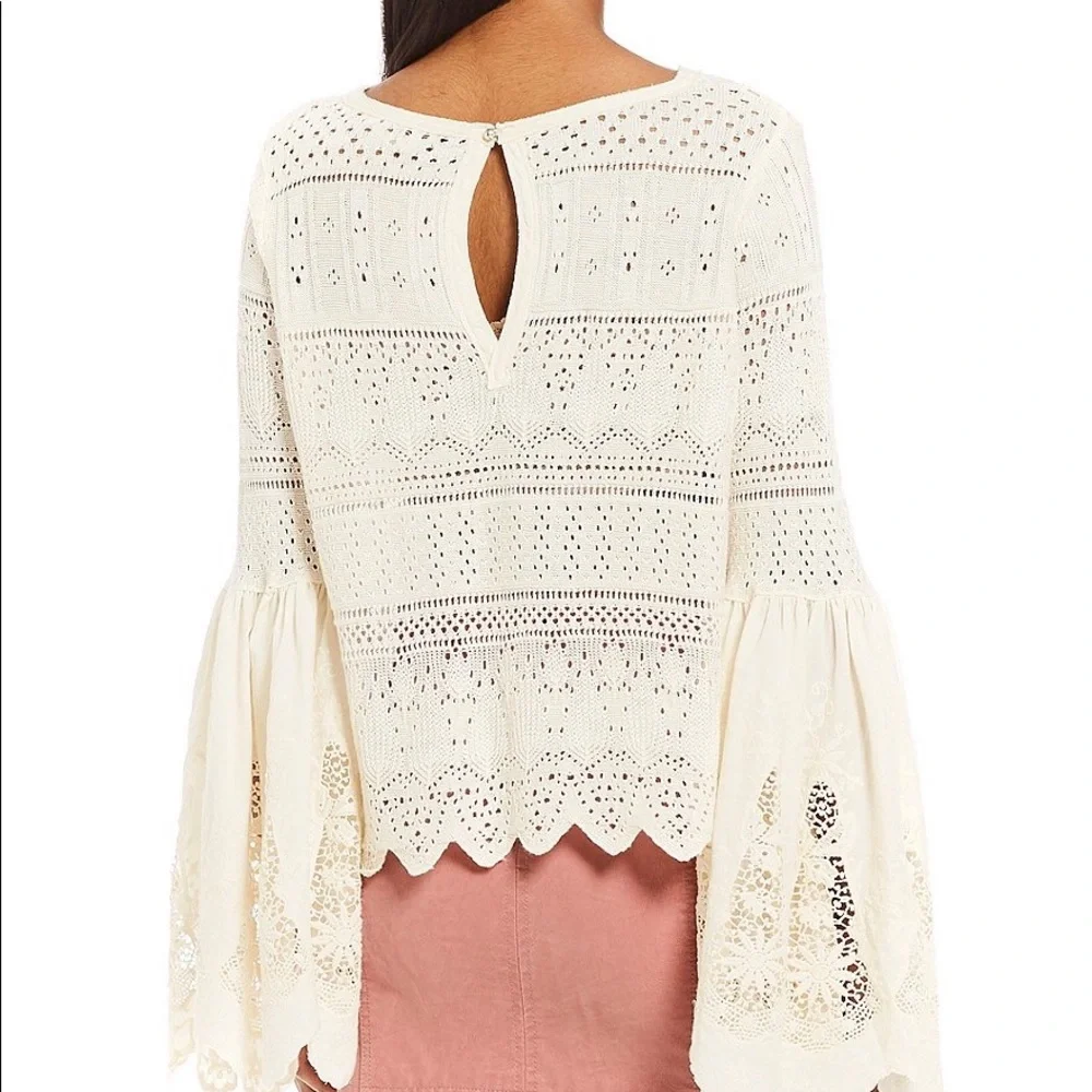 Free People Once Upon a Time Cream Crochet Lace Bell Sleeve Blouse